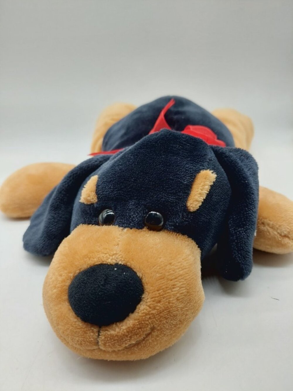Puppy Dog Plush Brown Black Red Bow Hugfun 17" Laying Down 2018